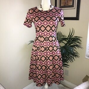 LuLaRoe Amelia Aztec Print Short Sleeve Knit Women’s Dress M Pink Brown